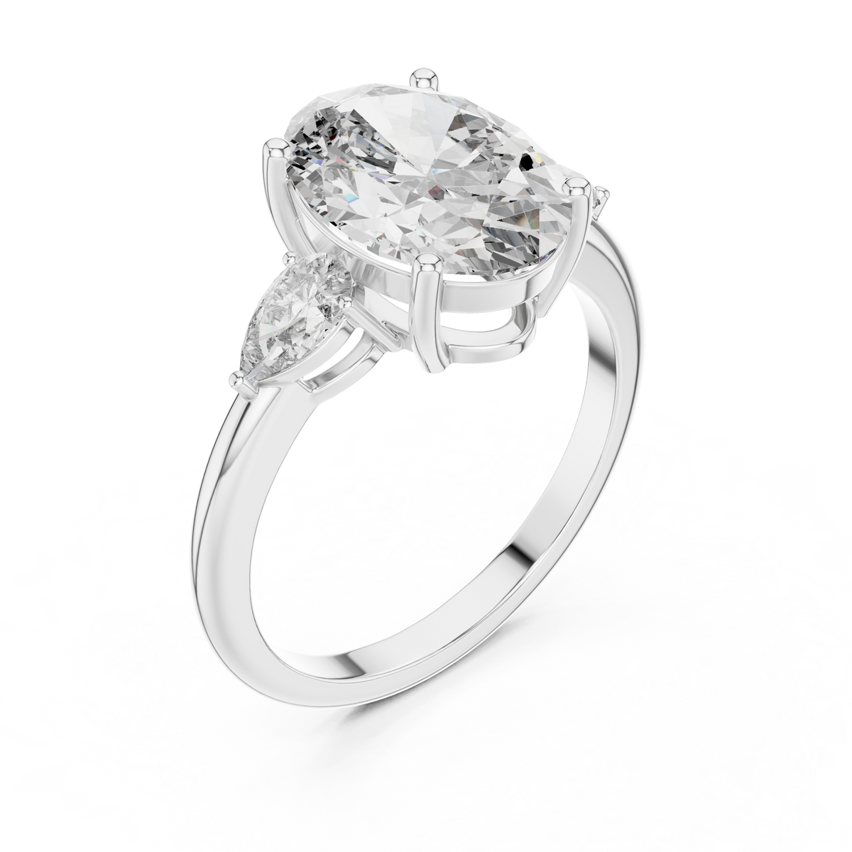 Lab Grown Oval Three Stone Diamond Ring with Pear Side Stones in Yellow Gold