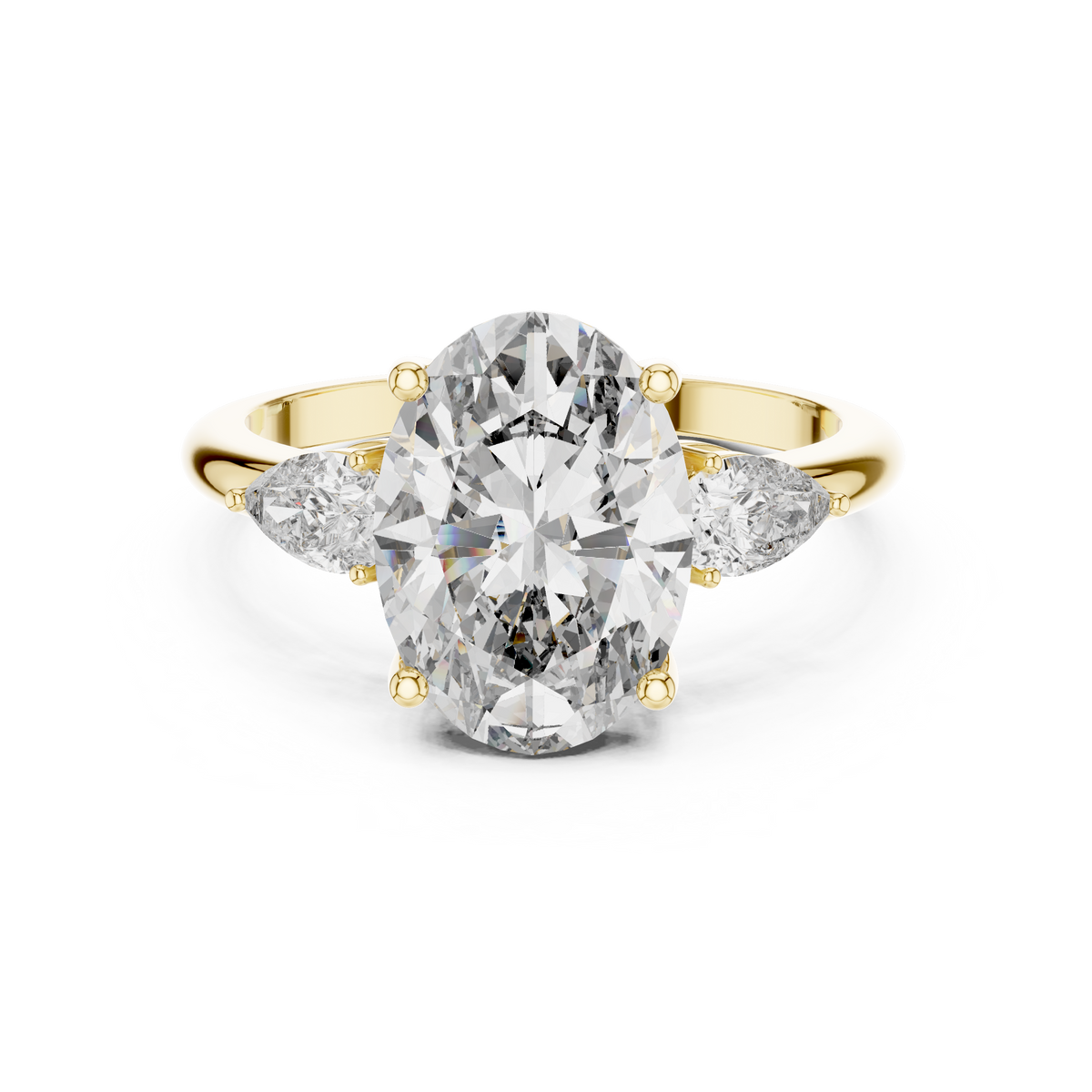 Lab Grown Oval Three Stone Diamond Ring with Pear Side Stones in Yellow Gold