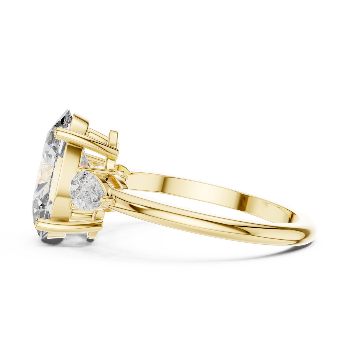 Lab Grown Oval Three Stone Diamond Ring with Pear Side Stones in Yellow Gold