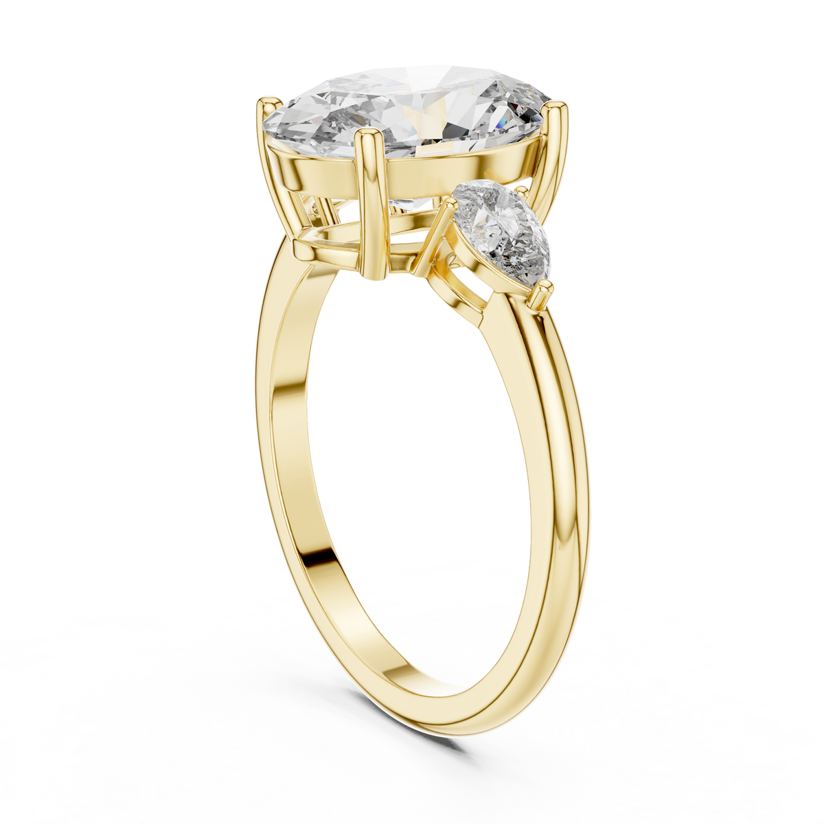 Lab Grown Oval Three Stone Diamond Ring with Pear Side Stones in Yellow Gold