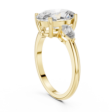 Lab Grown Oval Three Stone Diamond Ring with Pear Side Stones in Yellow Gold