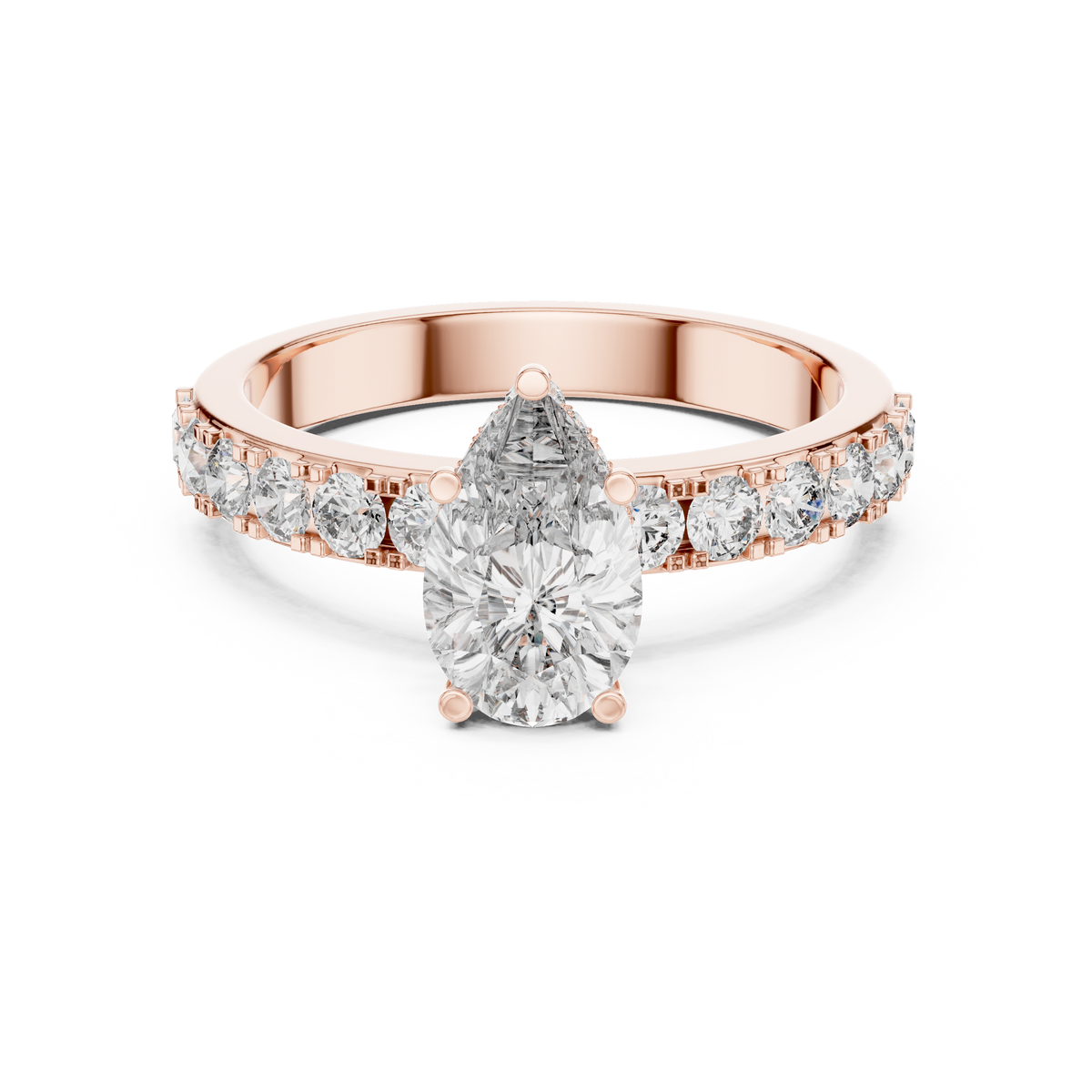Lab Grown Pear Cut Diamond Ring with Hidden Halo & Pave Band in Yellow Gold