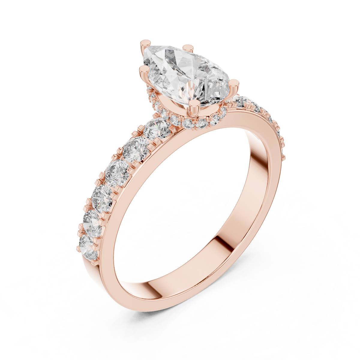 Lab Grown Pear Cut Diamond Ring with Hidden Halo & Pave Band in Yellow Gold