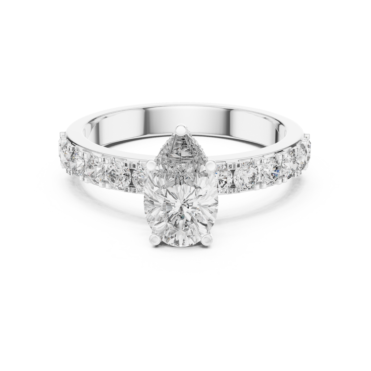 Lab Grown Pear Cut Diamond Ring with Hidden Halo & Pave Band in Yellow Gold