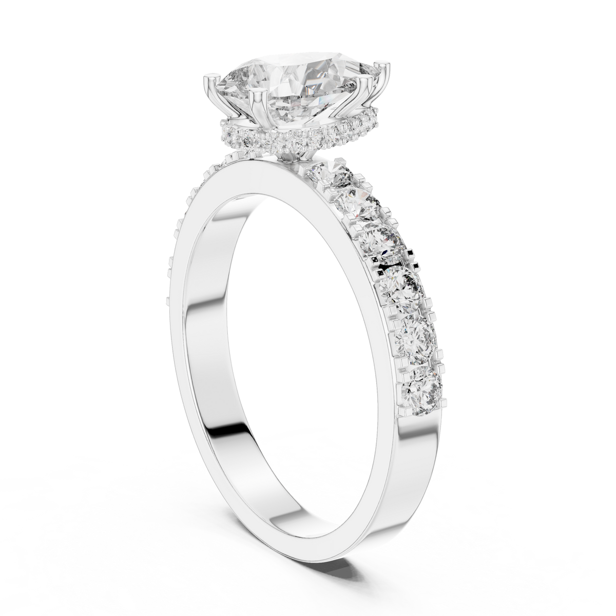 Lab Grown Pear Cut Diamond Ring with Hidden Halo & Pave Band in Yellow Gold