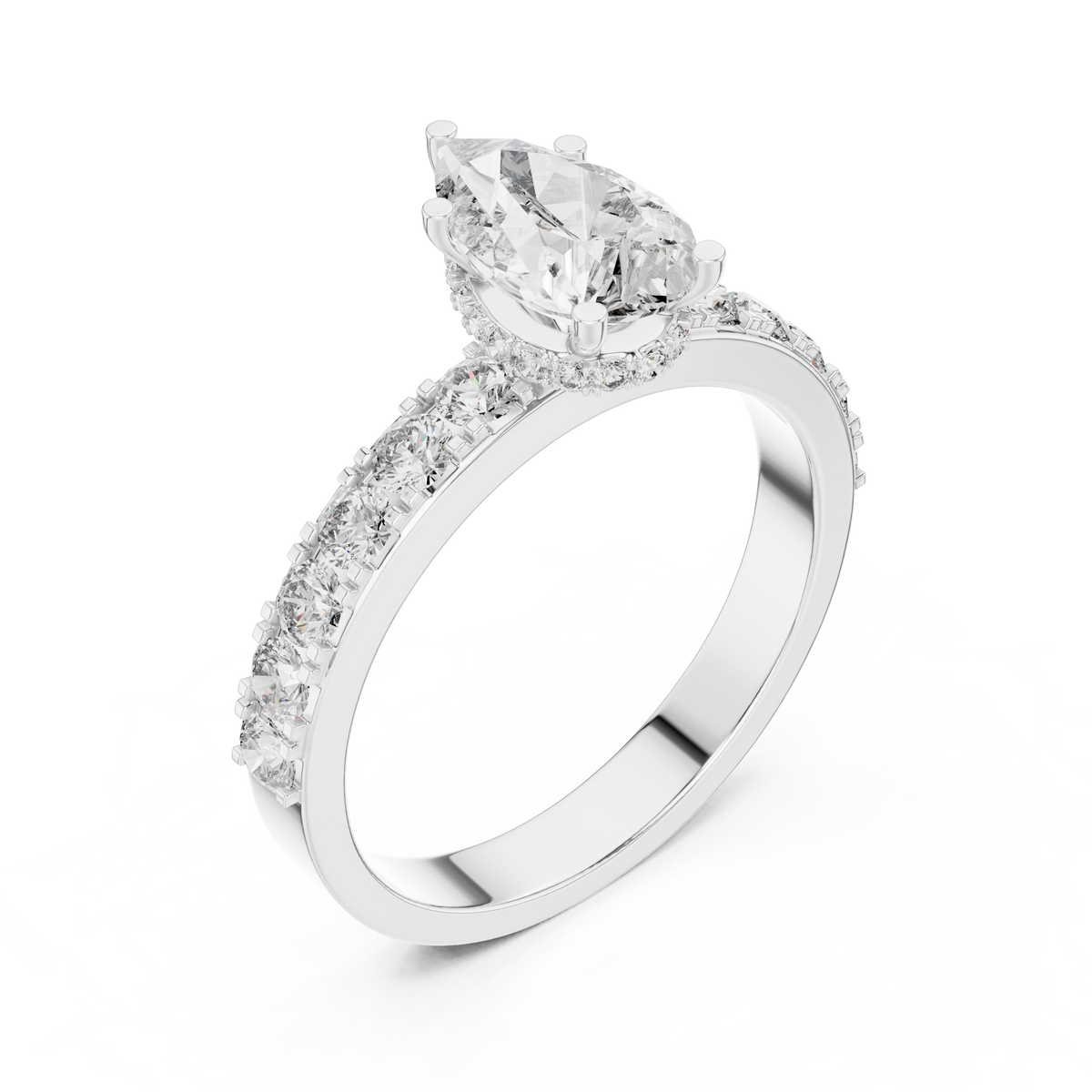 Lab Grown Pear Cut Diamond Ring with Hidden Halo & Pave Band in Yellow Gold