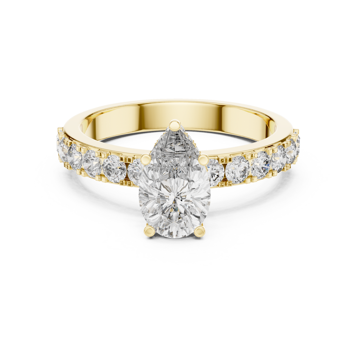 Lab Grown Pear Cut Diamond Ring with Hidden Halo & Pave Band in Yellow Gold