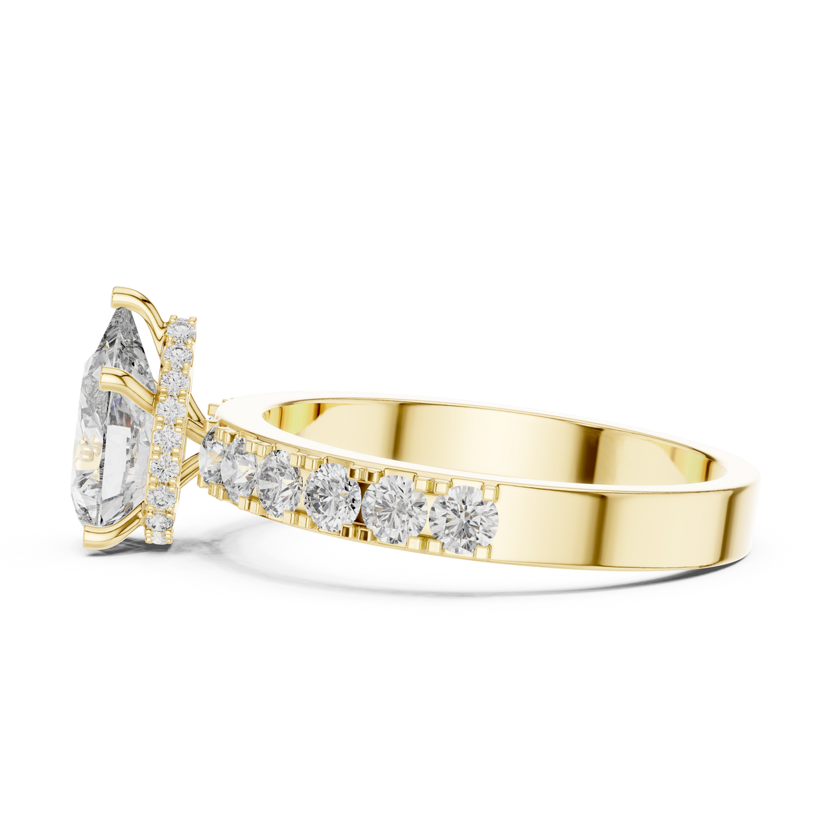 Lab Grown Pear Cut Diamond Ring with Hidden Halo & Pave Band in Yellow Gold