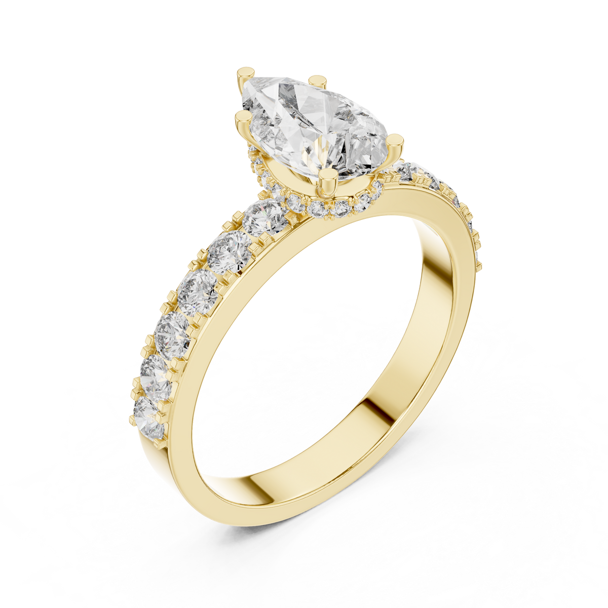 Lab Grown Pear Cut Diamond Ring with Hidden Halo & Pave Band in Yellow Gold