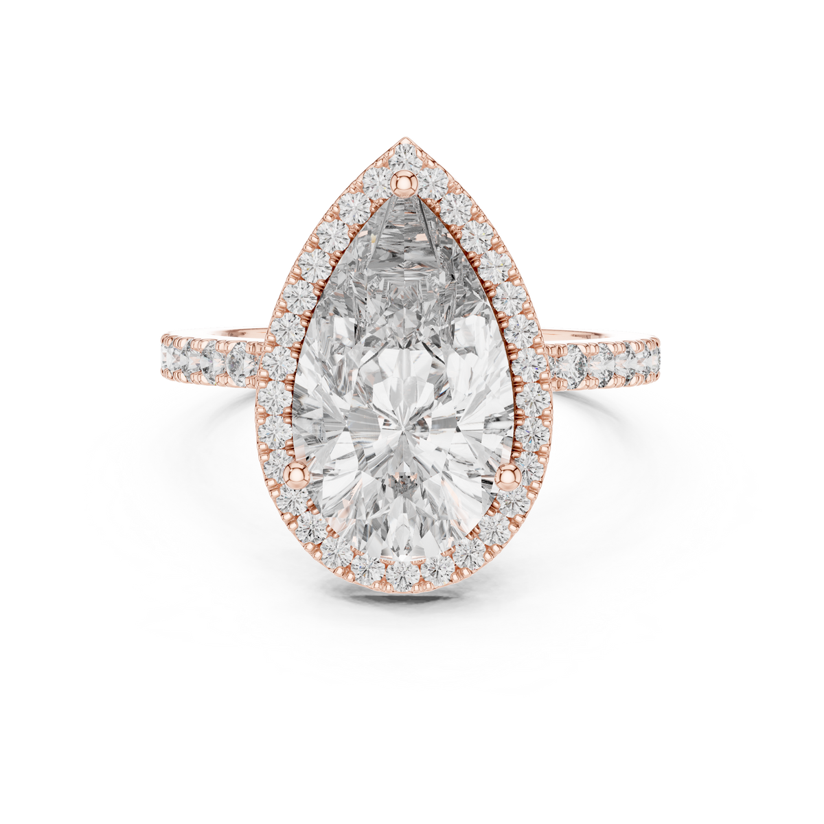 Lab Grown Pear Cut Halo Diamond Ring with Pavé Band in Yellow Gold