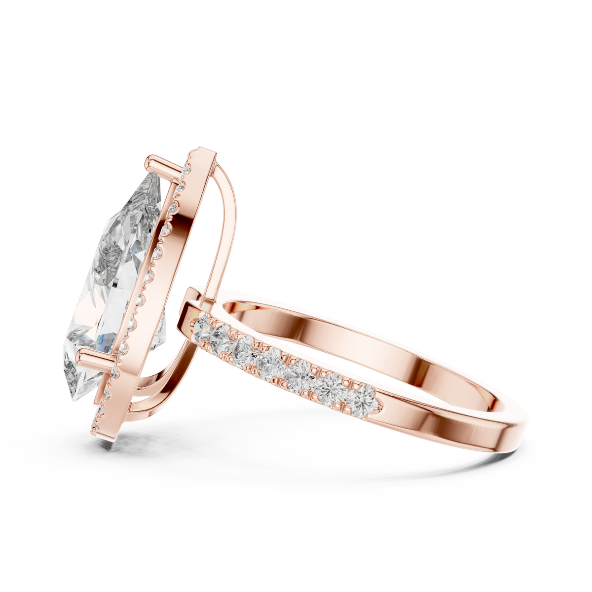 Lab Grown Pear Cut Halo Diamond Ring with Pavé Band in Yellow Gold