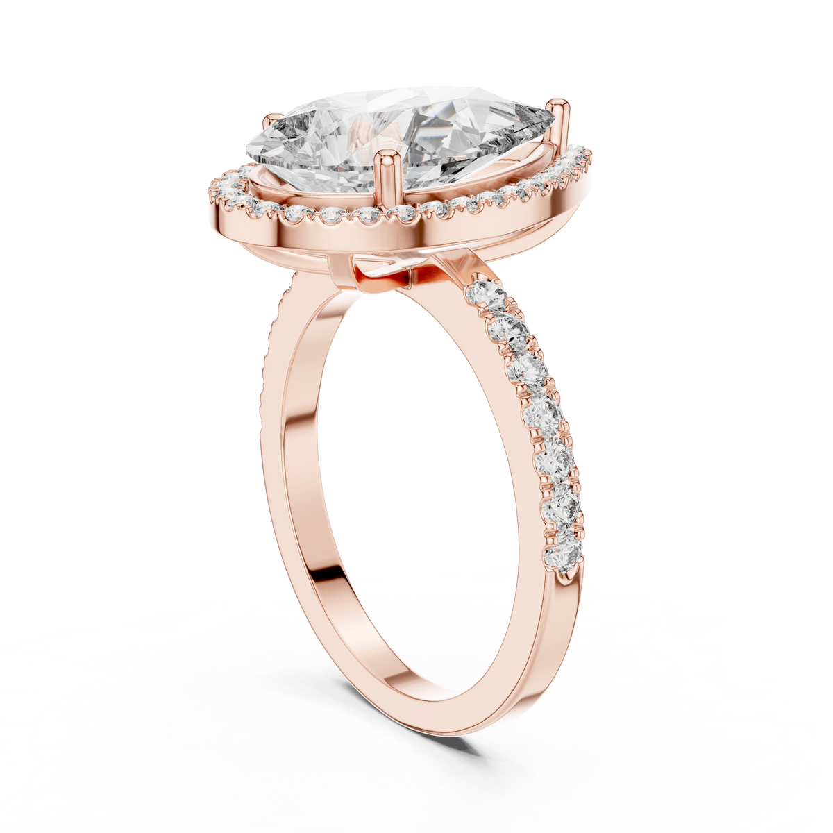 Lab Grown Pear Cut Halo Diamond Ring with Pavé Band in Yellow Gold