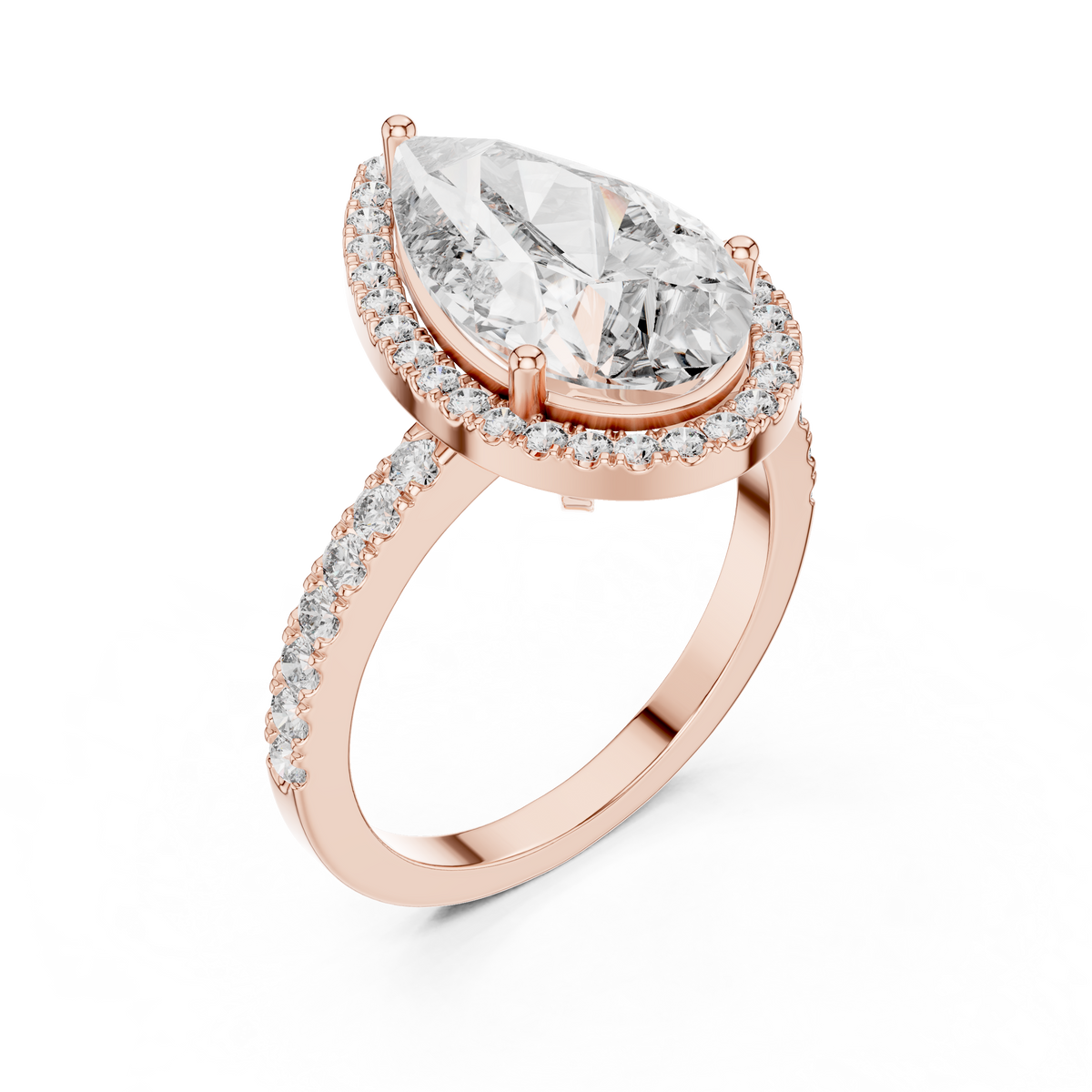 Lab Grown Pear Cut Halo Diamond Ring with Pavé Band in Yellow Gold