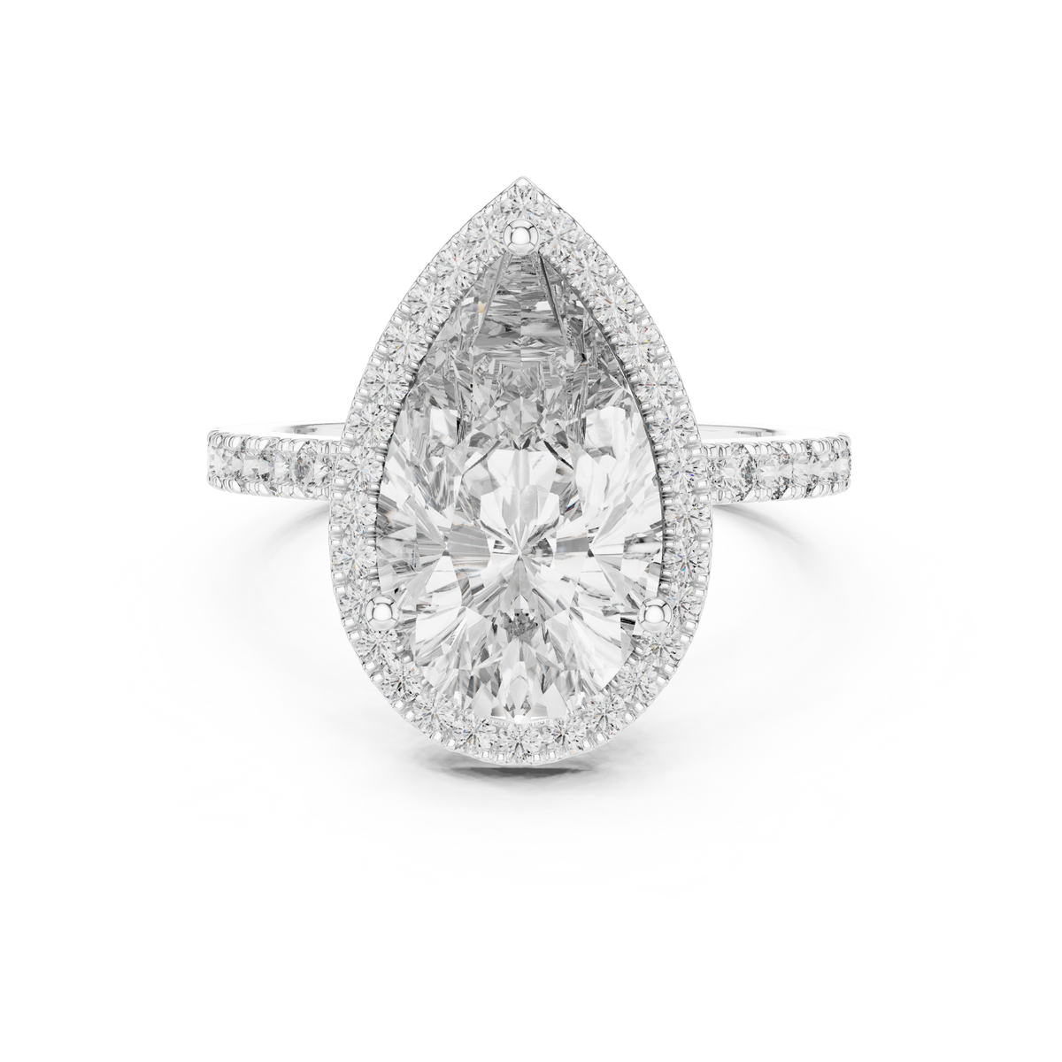 Lab Grown Pear Cut Halo Diamond Ring with Pavé Band in Yellow Gold