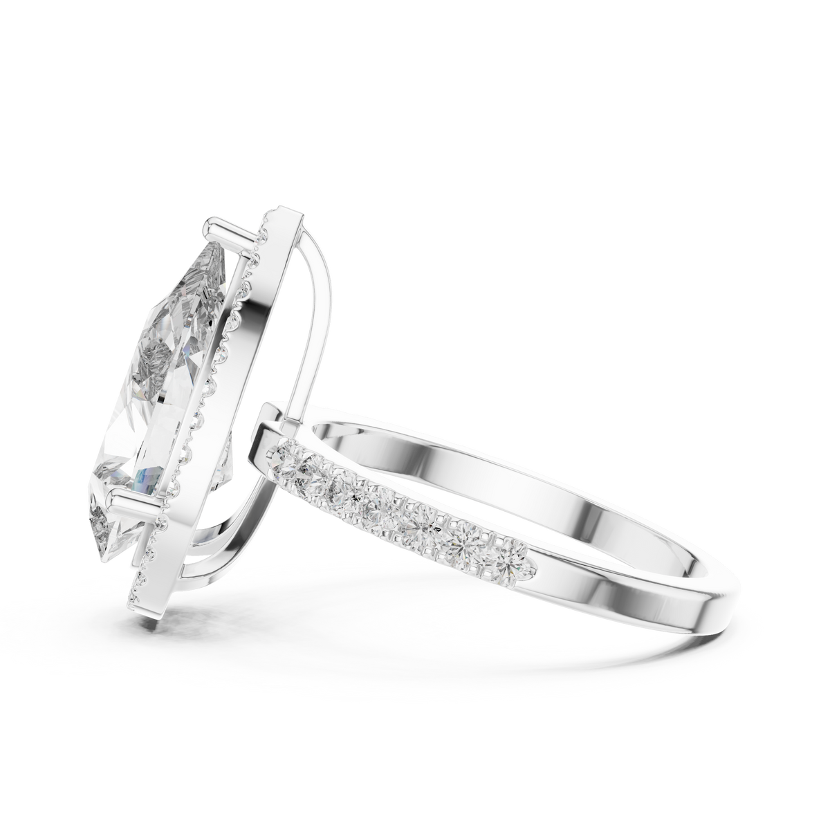 Lab Grown Pear Cut Halo Diamond Ring with Pavé Band in Yellow Gold