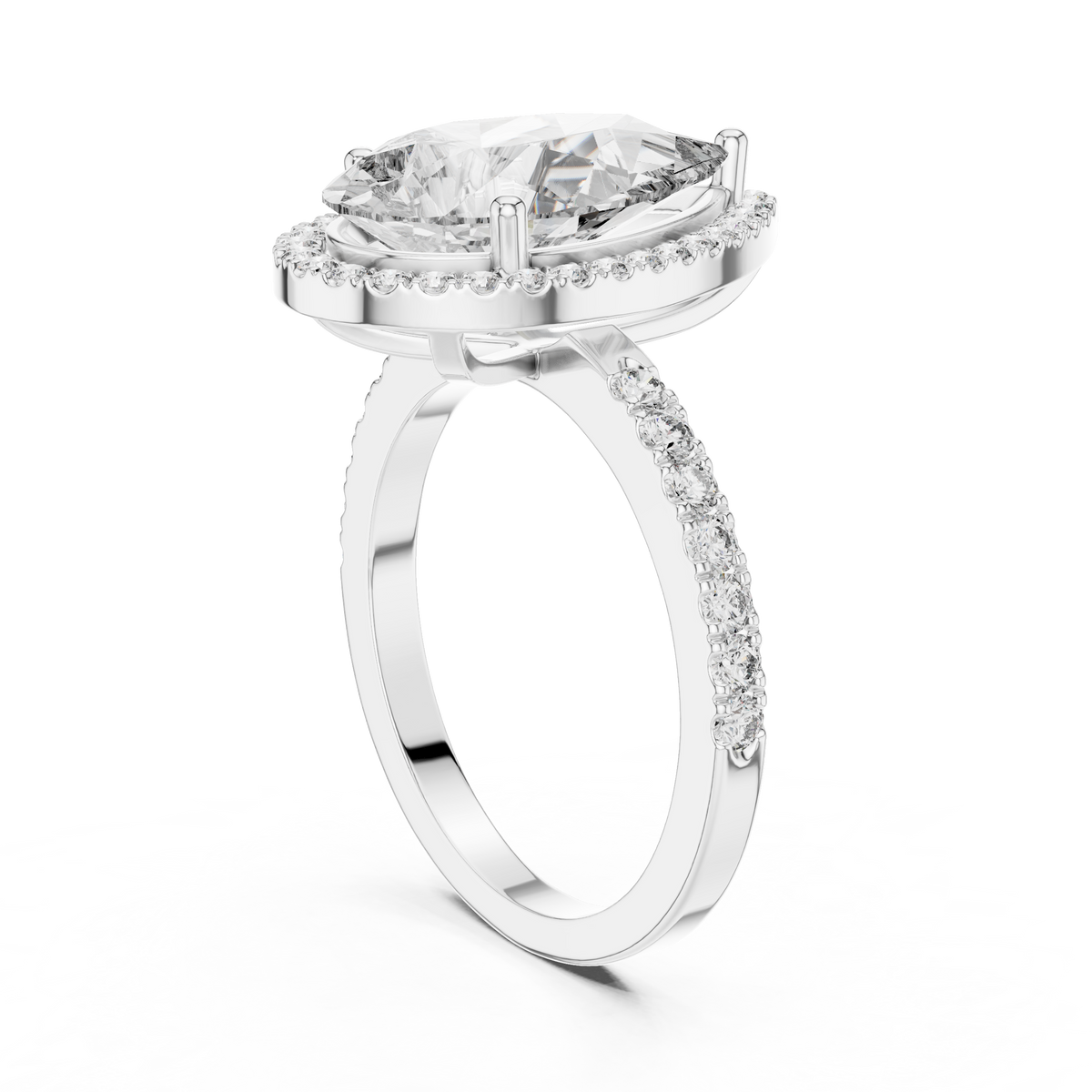 Lab Grown Pear Cut Halo Diamond Ring with Pavé Band in Yellow Gold