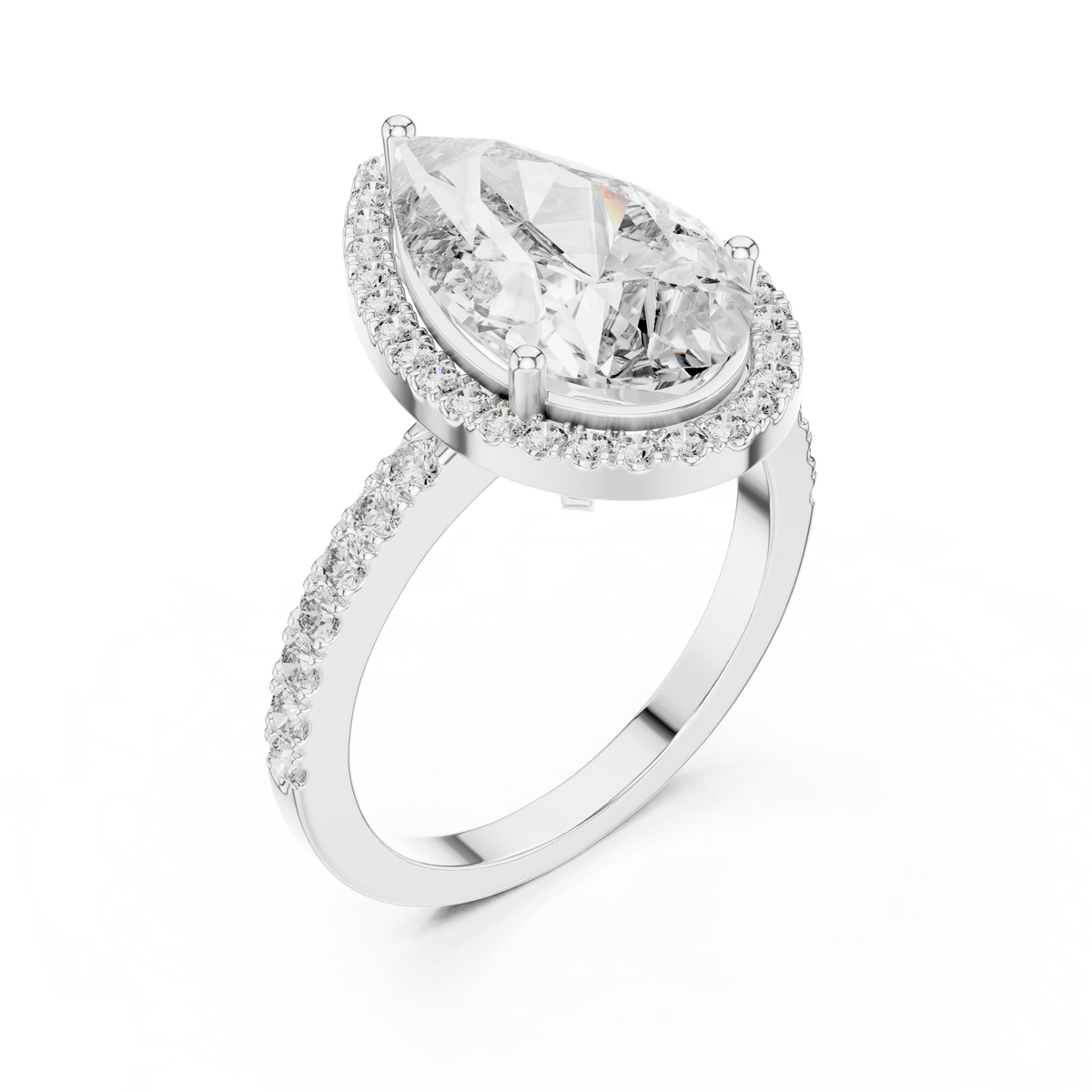 Lab Grown Pear Cut Halo Diamond Ring with Pavé Band in Yellow Gold