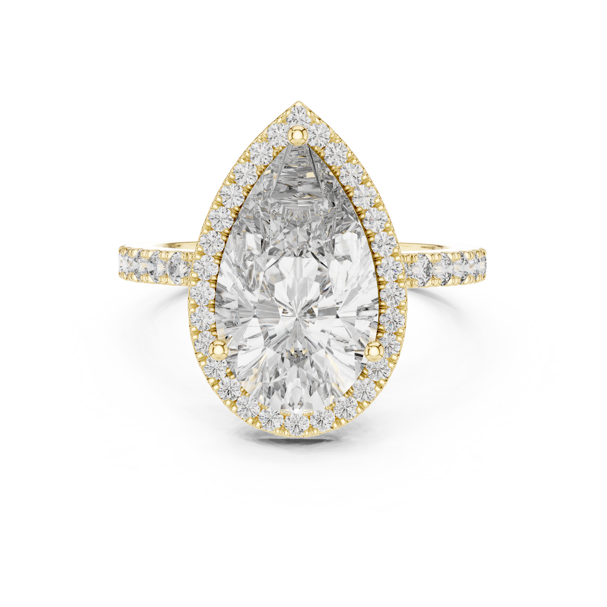 Lab Grown Pear Cut Halo Diamond Ring with Pavé Band in Yellow Gold