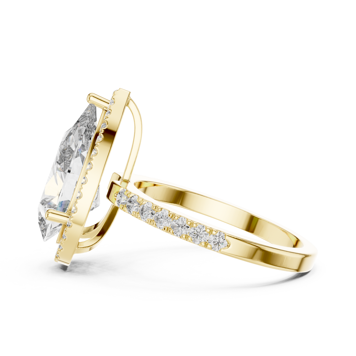 Lab Grown Pear Cut Halo Diamond Ring with Pavé Band in Yellow Gold