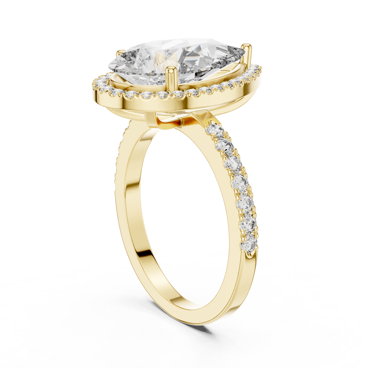 Lab Grown Pear Cut Halo Diamond Ring with Pavé Band in Yellow Gold