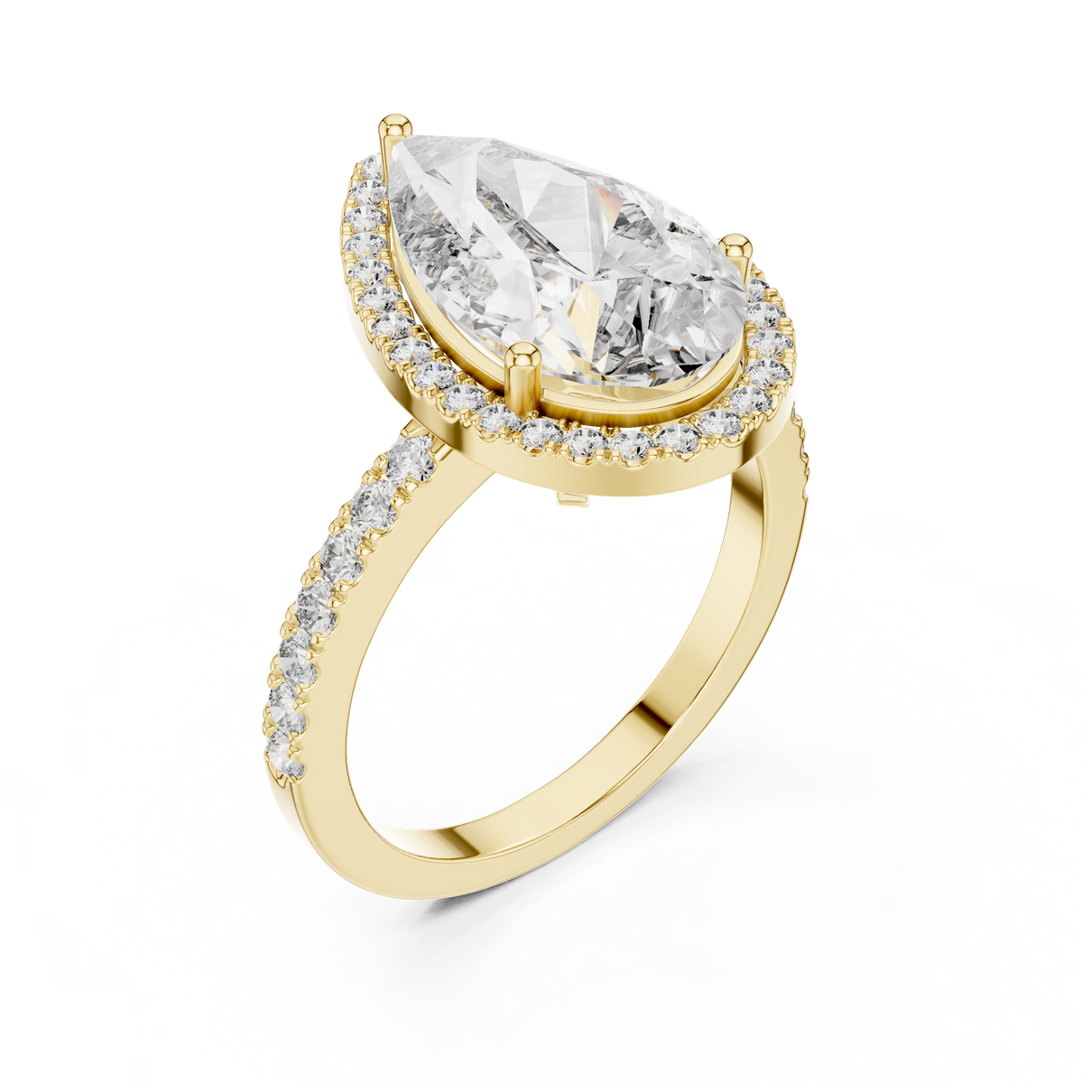 Lab Grown Pear Cut Halo Diamond Ring with Pavé Band in Yellow Gold