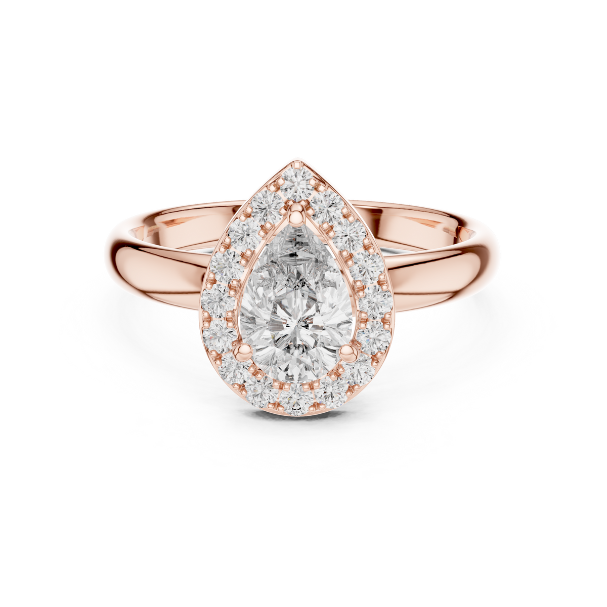 Lab Grown Pear Cut Halo Diamond Ring with Plain Band in Yellow Gold