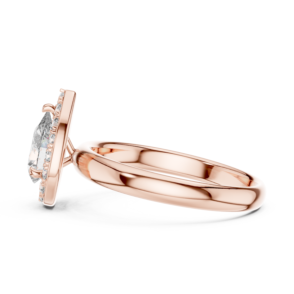 Lab Grown Pear Cut Halo Diamond Ring with Plain Band in Yellow Gold