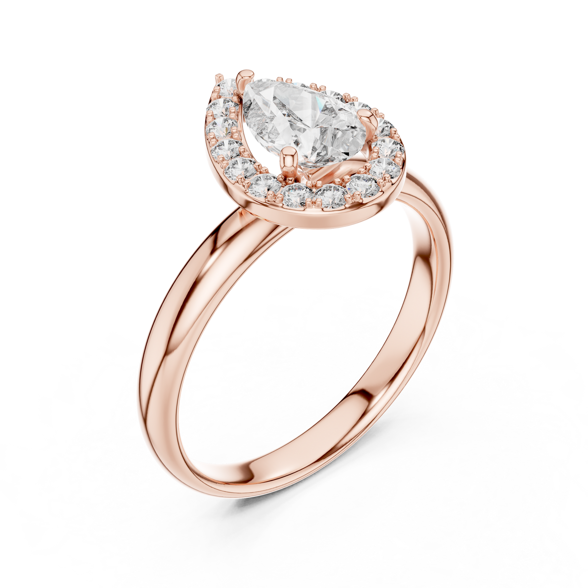 Lab Grown Pear Cut Halo Diamond Ring with Plain Band in Yellow Gold