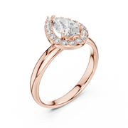 Lab Grown Pear Cut Halo Diamond Ring with Plain Band in Yellow Gold