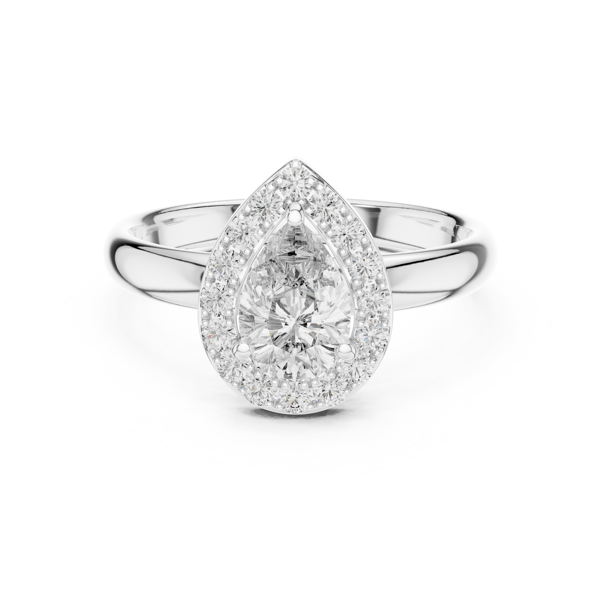 Lab Grown Pear Cut Halo Diamond Ring with Plain Band in Yellow Gold