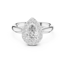 Lab Grown Pear Cut Halo Diamond Ring with Plain Band in Yellow Gold