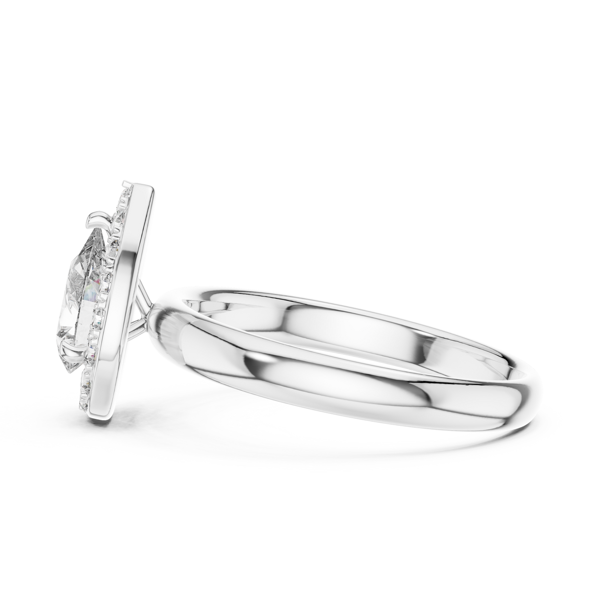 Lab Grown Pear Cut Halo Diamond Ring with Plain Band in Yellow Gold