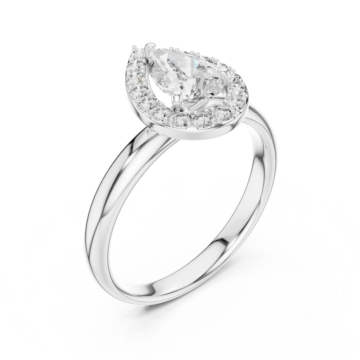Lab Grown Pear Cut Halo Diamond Ring with Plain Band in Yellow Gold