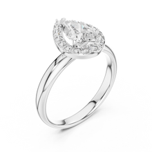 Lab Grown Pear Cut Halo Diamond Ring with Plain Band in Yellow Gold
