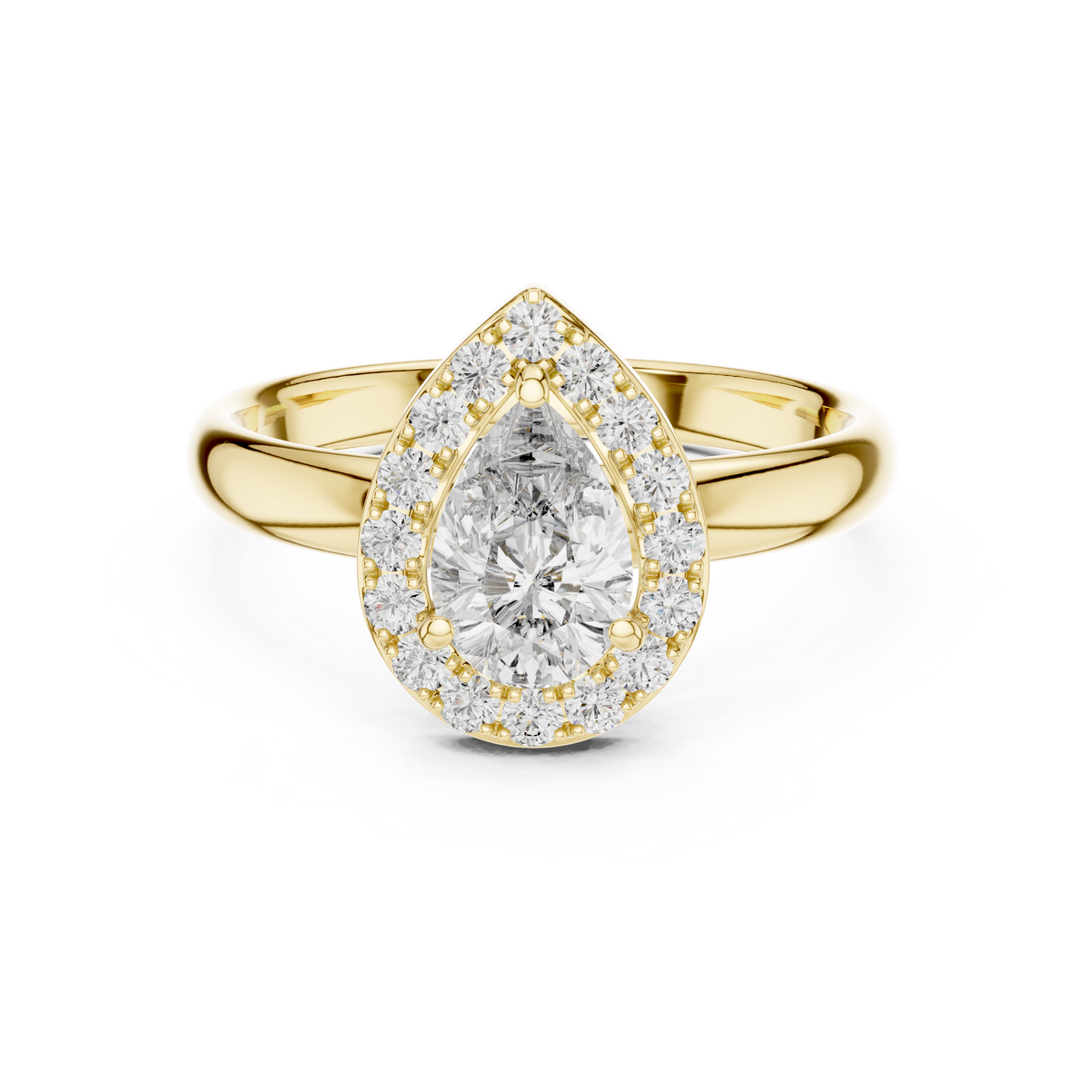 Lab Grown Pear Cut Halo Diamond Ring with Plain Band in Yellow Gold