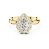 Lab Grown Pear Cut Halo Diamond Ring with Plain Band in Yellow Gold
