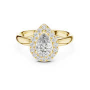 Lab Grown Pear Cut Halo Diamond Ring with Plain Band in Yellow Gold