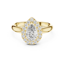 Lab Grown Pear Cut Halo Diamond Ring with Plain Band in Yellow Gold