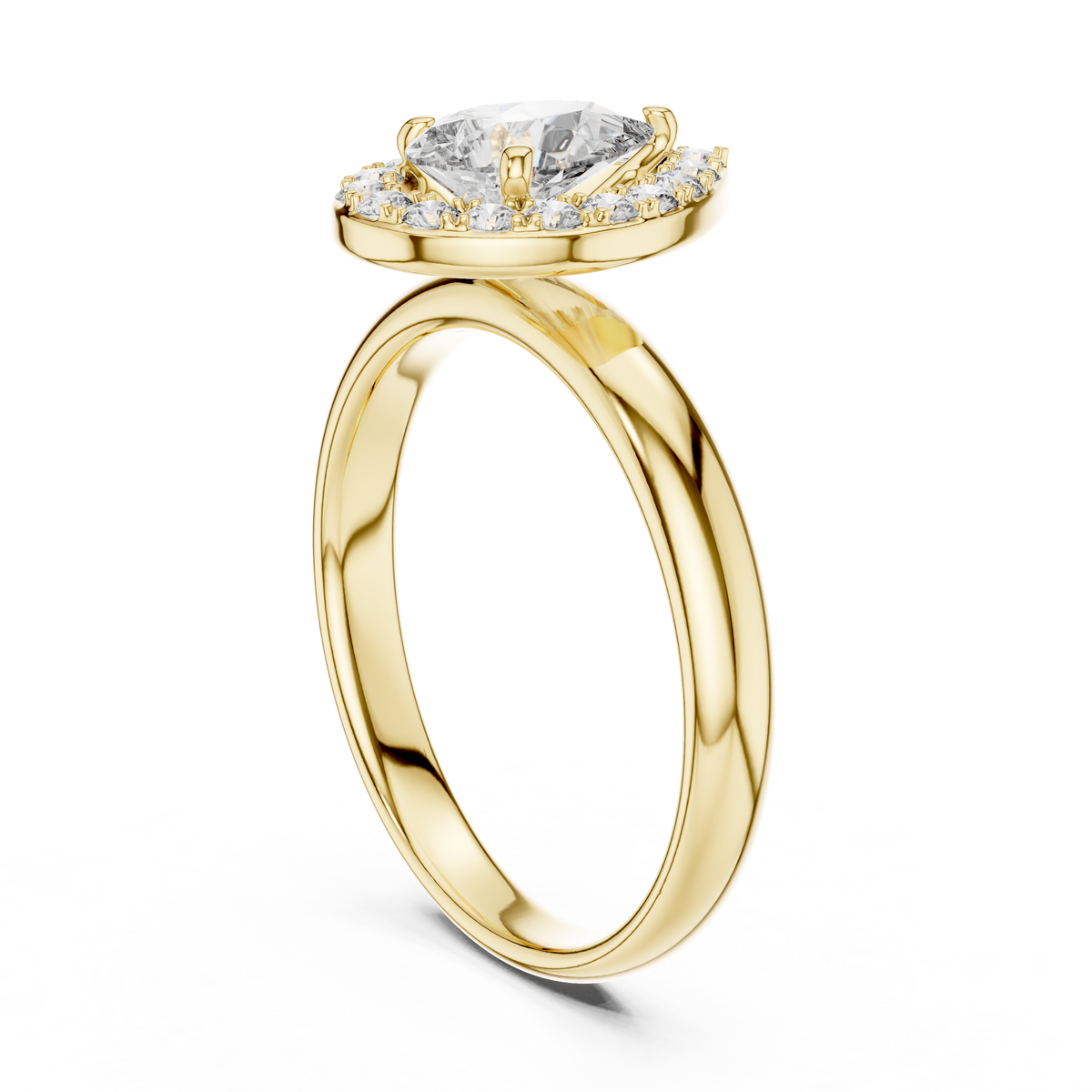 Lab Grown Pear Cut Halo Diamond Ring with Plain Band in Yellow Gold