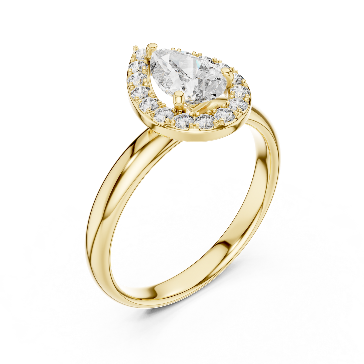 Lab Grown Pear Cut Halo Diamond Ring with Plain Band in Yellow Gold