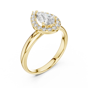 Lab Grown Pear Cut Halo Diamond Ring with Plain Band in Yellow Gold