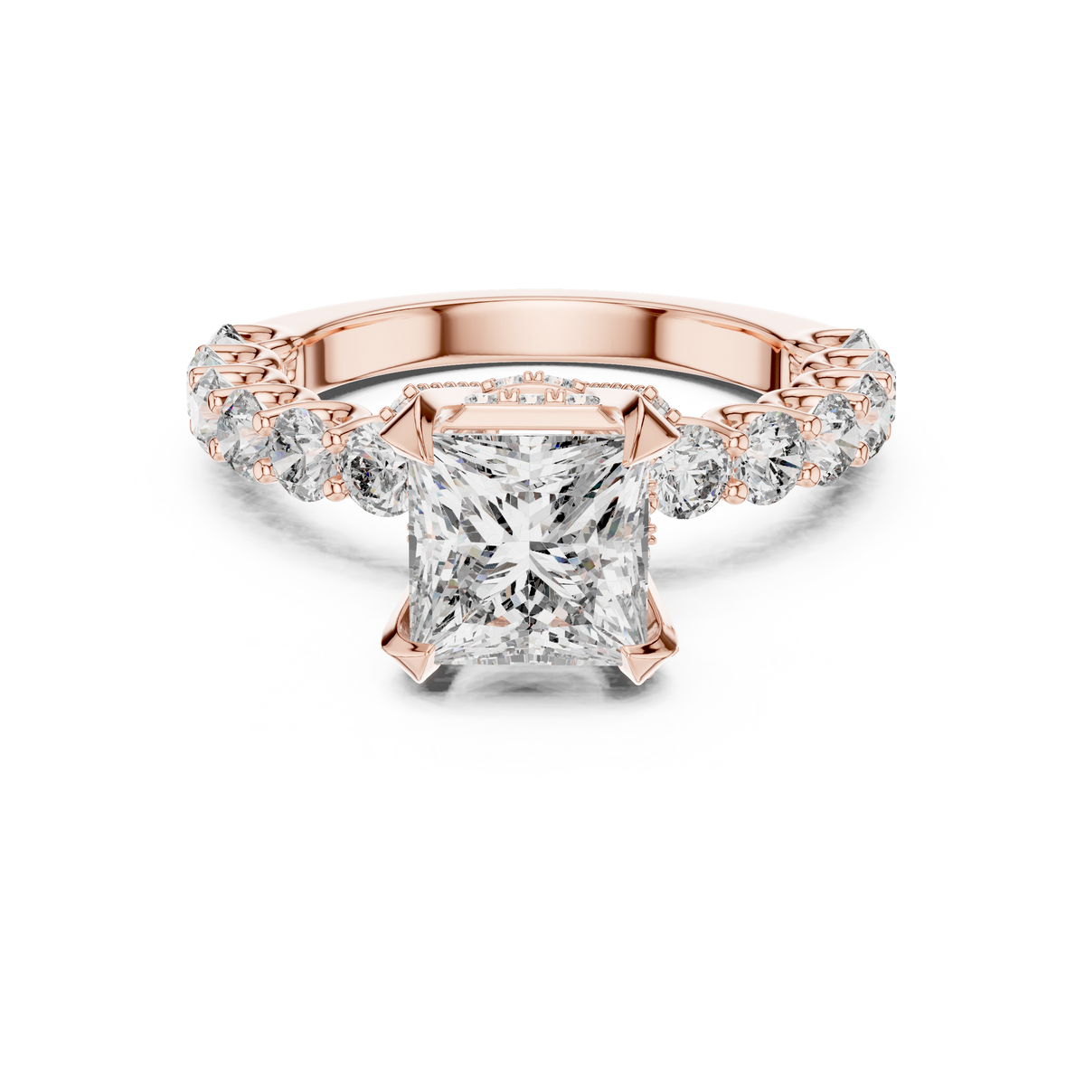 Lab Grown Princess Cut Diamond Ring with Hidden Halo & Accent Band in Yellow Gold