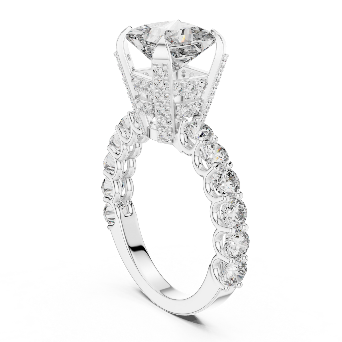 Lab Grown Princess Cut Diamond Ring with Hidden Halo & Accent Band in Yellow Gold
