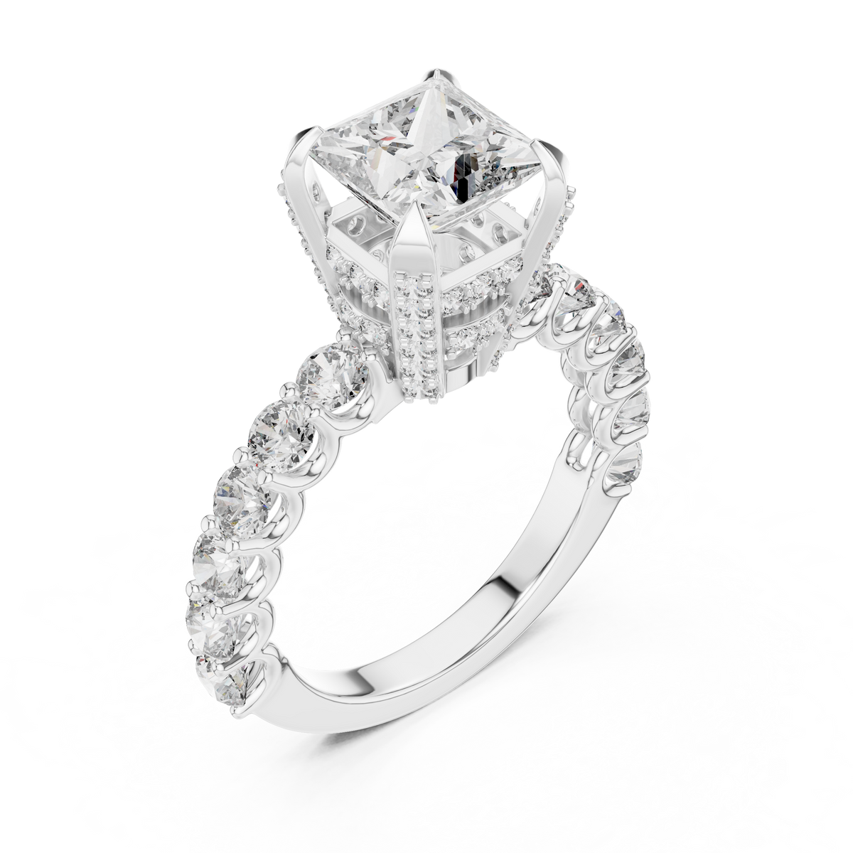 Lab Grown Princess Cut Diamond Ring with Hidden Halo & Accent Band in Yellow Gold