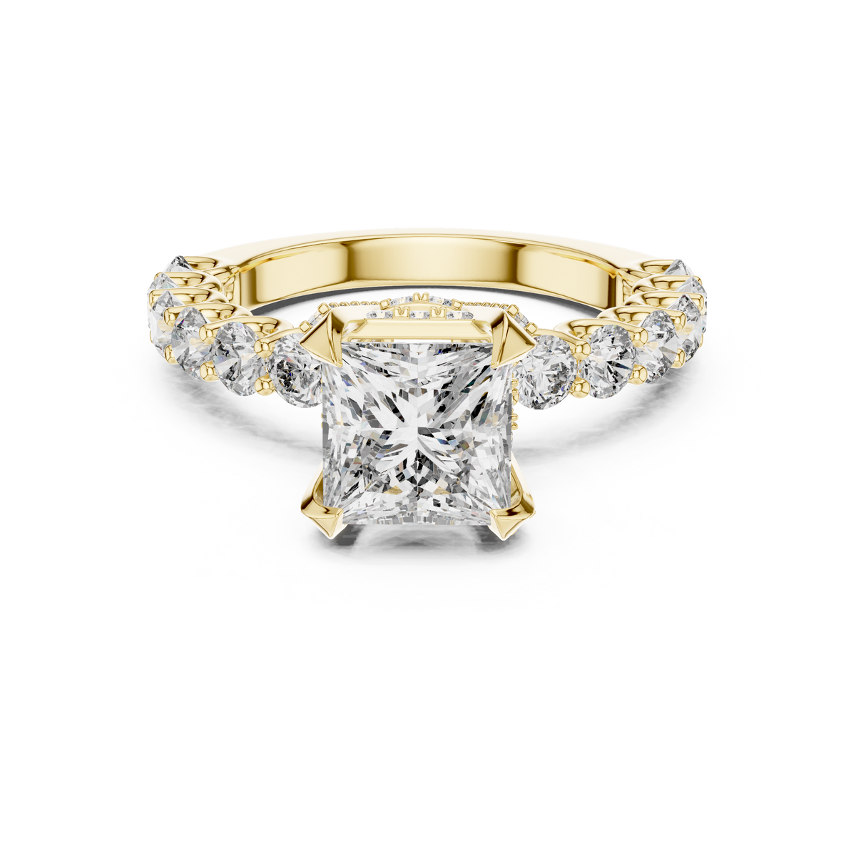 Lab Grown Princess Cut Diamond Ring with Hidden Halo & Accent Band in Yellow Gold
