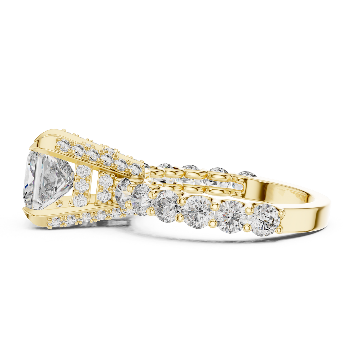 Lab Grown Princess Cut Diamond Ring with Hidden Halo & Accent Band in Yellow Gold