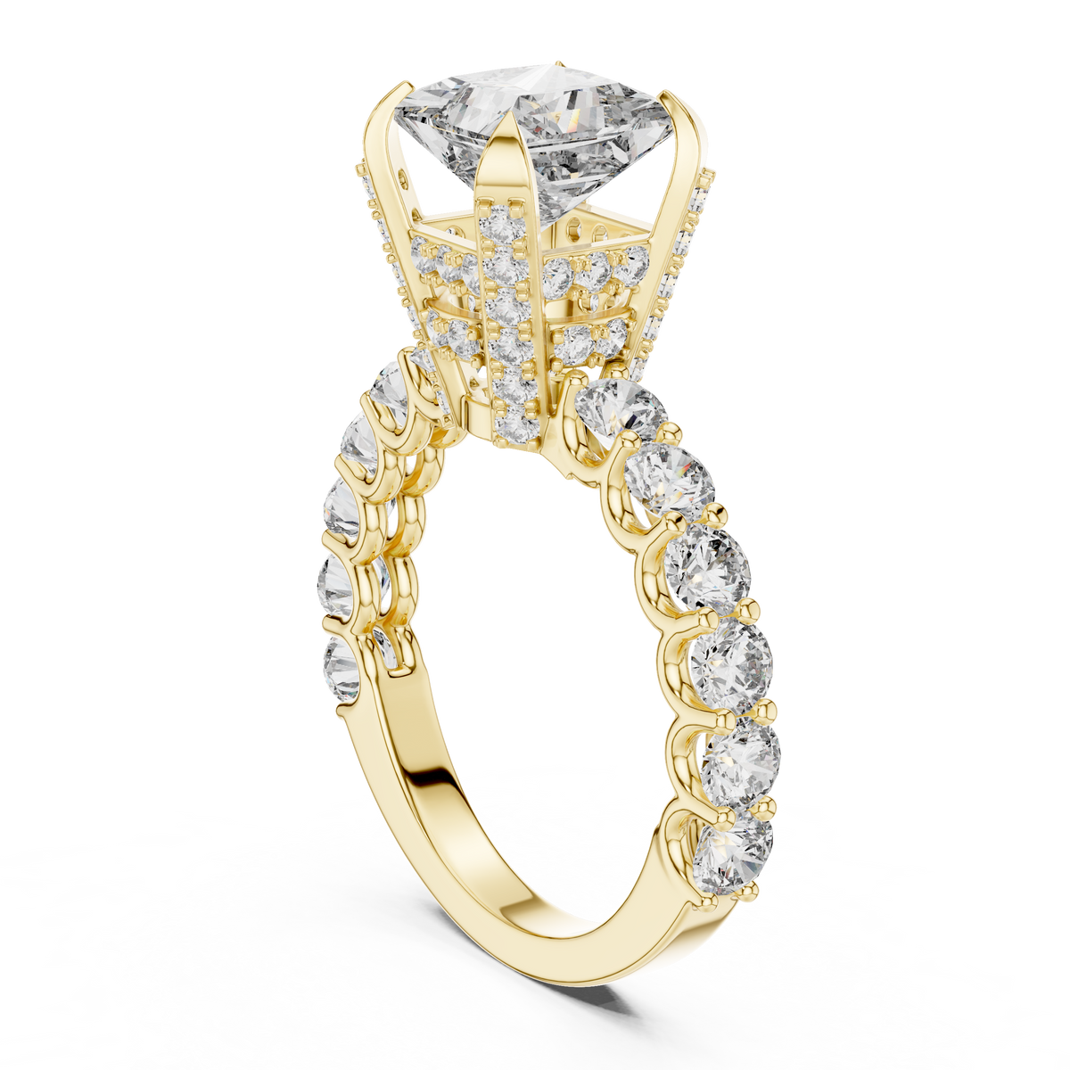 Lab Grown Princess Cut Diamond Ring with Hidden Halo & Accent Band in Yellow Gold