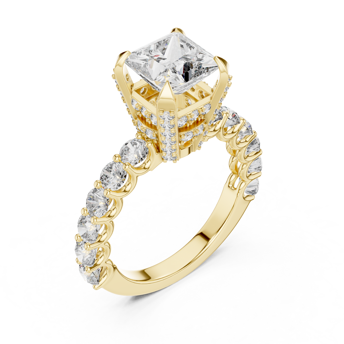 Lab Grown Princess Cut Diamond Ring with Hidden Halo & Accent Band in Yellow Gold