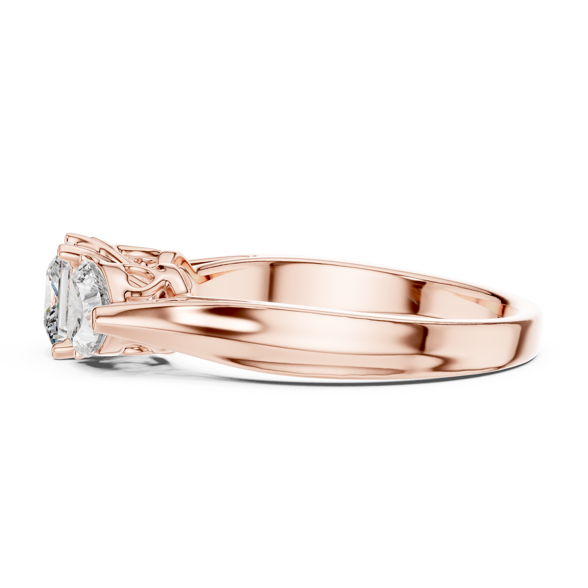 Lab Grown Princess Cut Three Stone Diamond Ring with Heart Side Stones in Yellow Gold