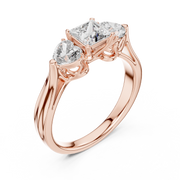Lab Grown Princess Cut Three Stone Diamond Ring with Heart Side Stones in Yellow Gold